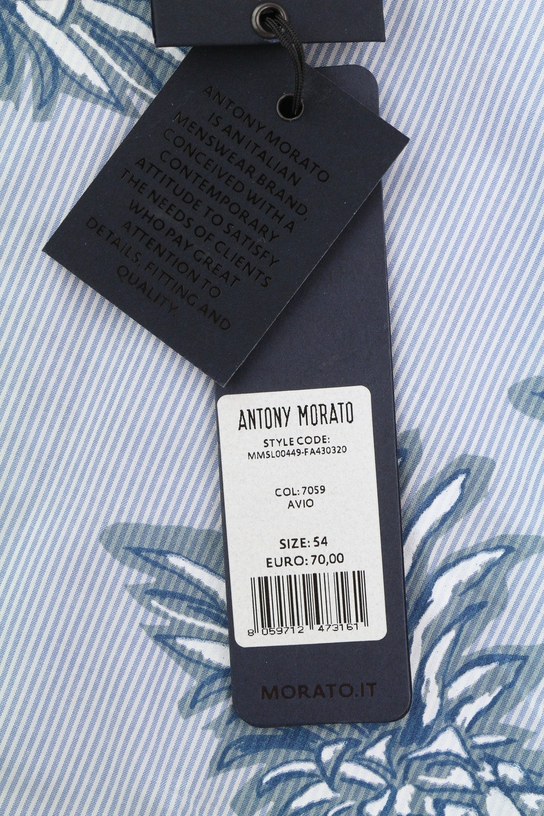 ANTONY MORATO Men Shirt 2XL Blue Slim Stripe Pineapple Print Roll-Up Shirt