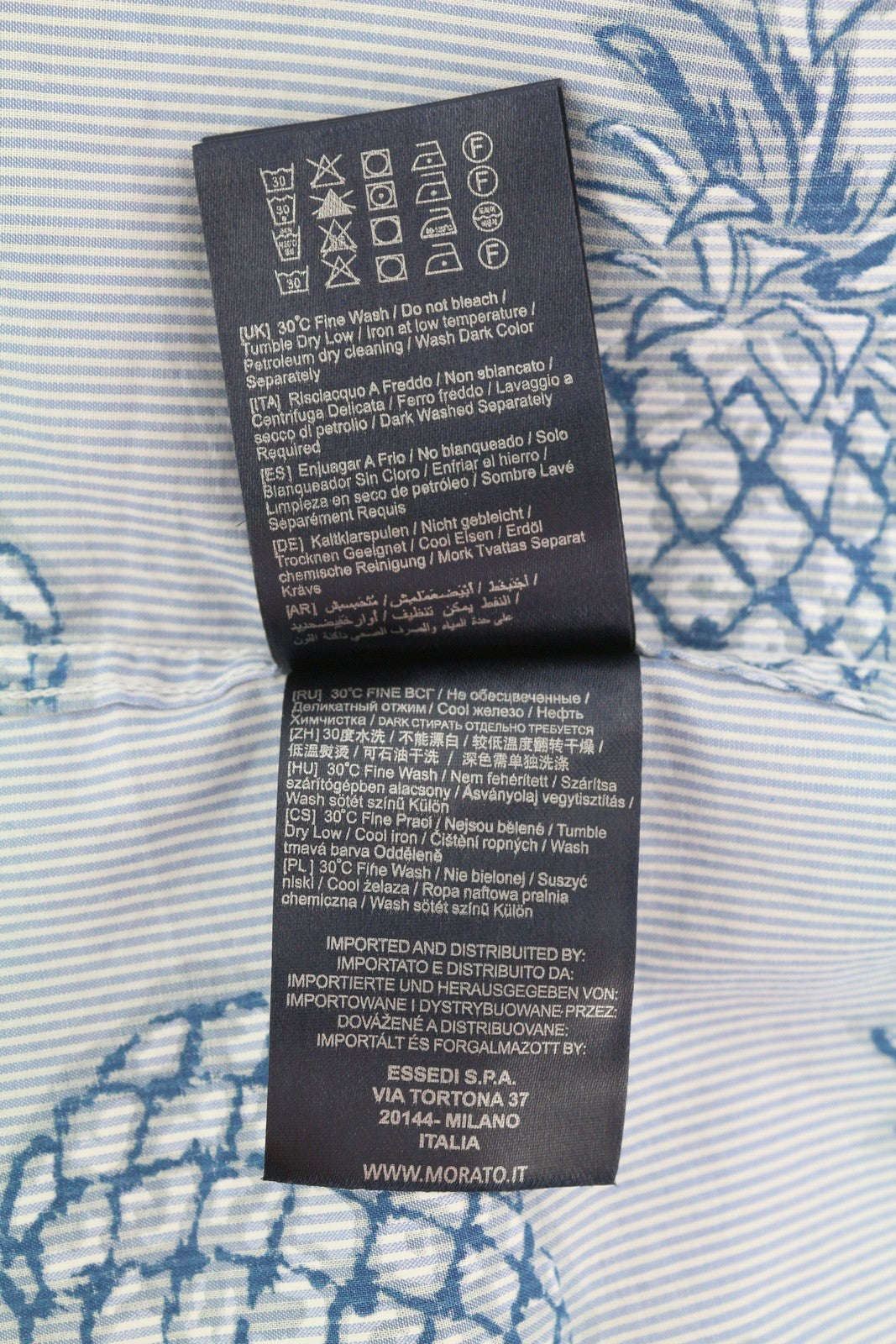 ANTONY MORATO Men Shirt 2XL Blue Slim Stripe Pineapple Print Roll-Up Shirt