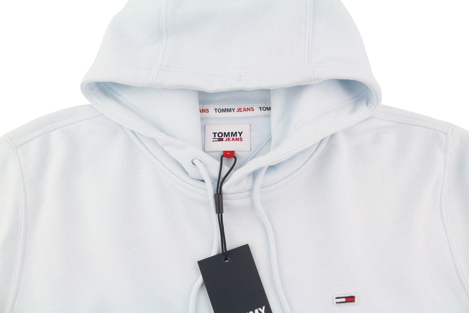 TOMMY HILFIGER Men Hoodie L Light Blue Hooded Kangaroo Pocket Logo Pull On