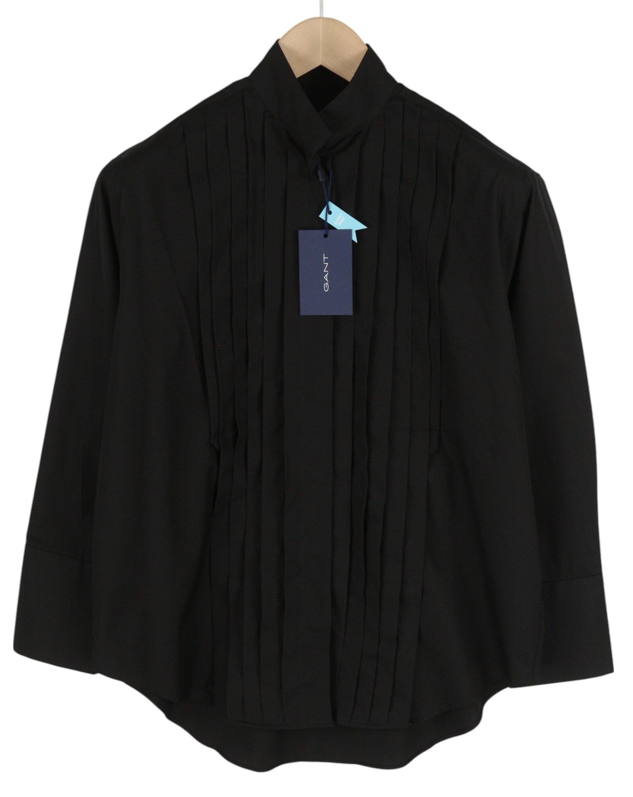 GANT Tux Pleated Relaxed Women Shirt EU32 Black Band Neck Button-Up Long Sleeve