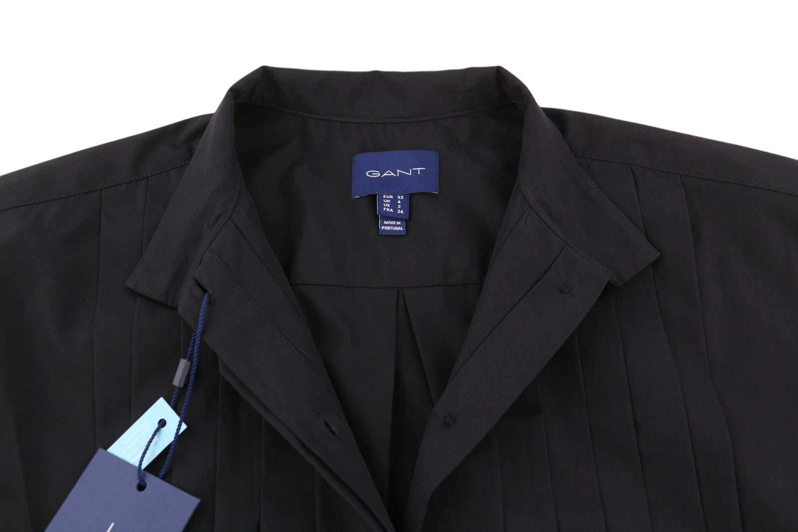 GANT Tux Pleated Relaxed Women Shirt EU32 Black Band Neck Button-Up Long Sleeve