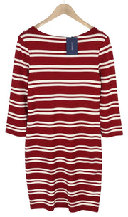 GANT Striped Women Dress S Burgundy Jersey Round Neck 3/4 Sleeve Knee-Length