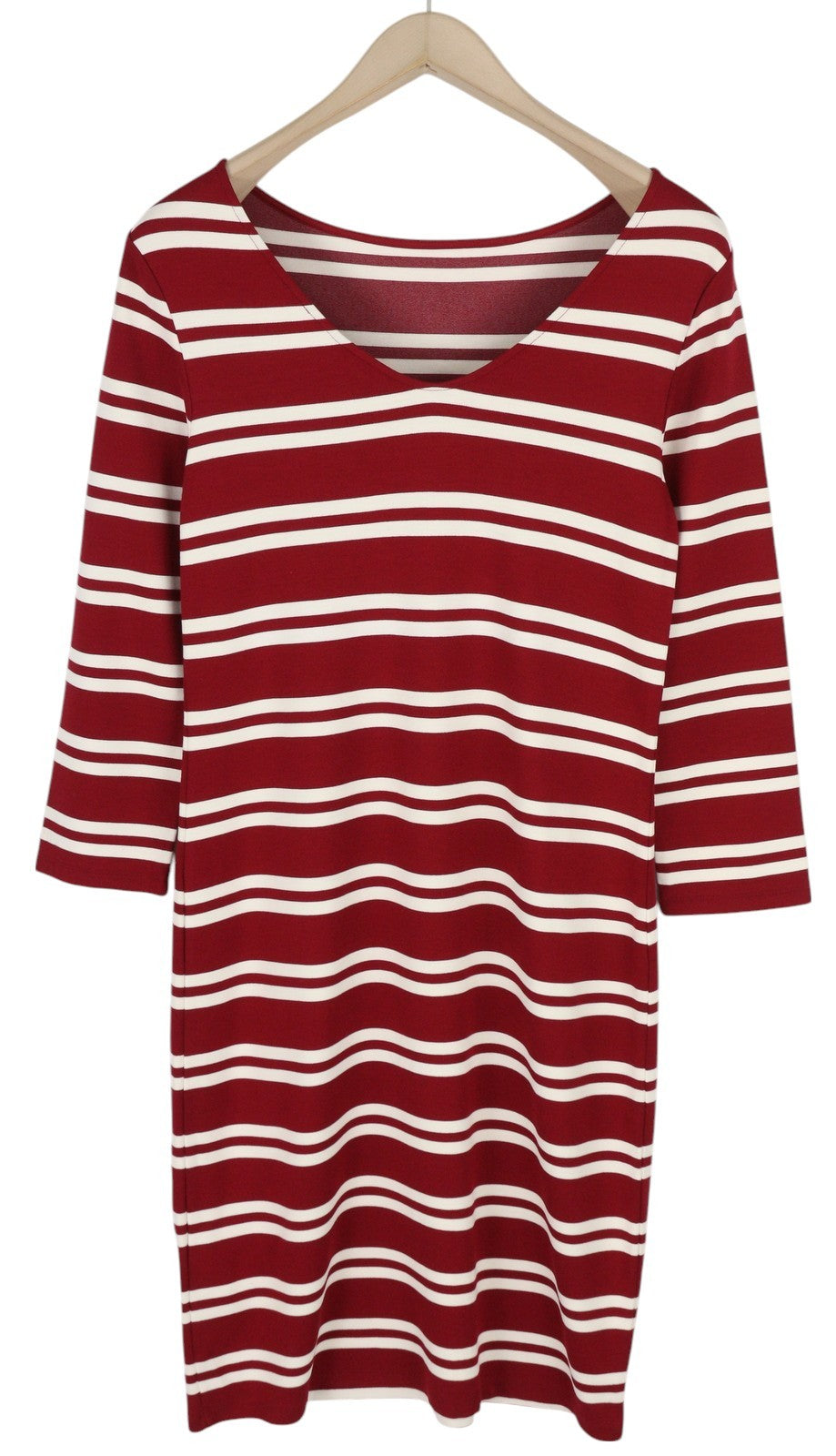 GANT Striped Women Dress S Burgundy Jersey Round Neck 3/4 Sleeve Knee-Length