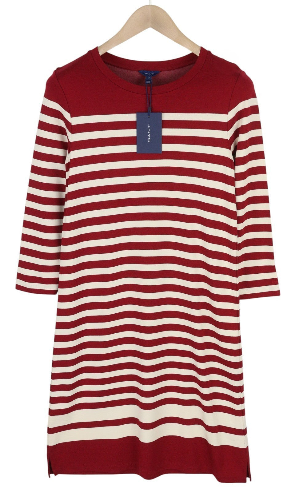GANT Striped Shift Women Dress S Burgundy Jersey 3/4 Sleeve Knee-Length
