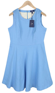 GANT Linen Women Dress EU42 Blue Sleeveless Flared Lined Crew Neck Knee-Length