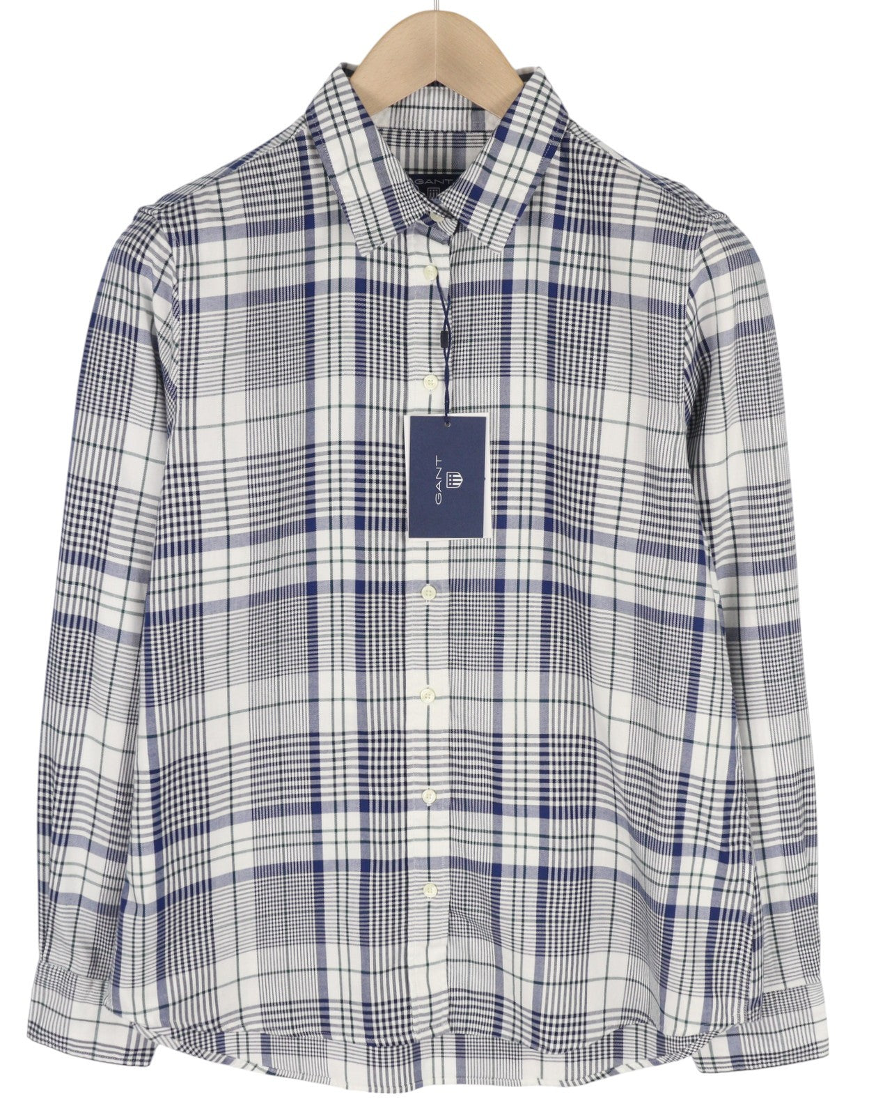 GANT Flannel Women Shirt EU38 Blue Plaid Spread Neck Button-Up Long Sleeve