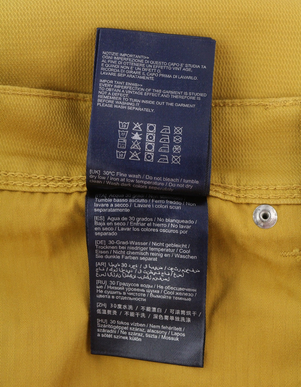 ANTONY MORATO Keith Men Trousers W38 Yellow Textured Skinny Fit Casual Zip Fly