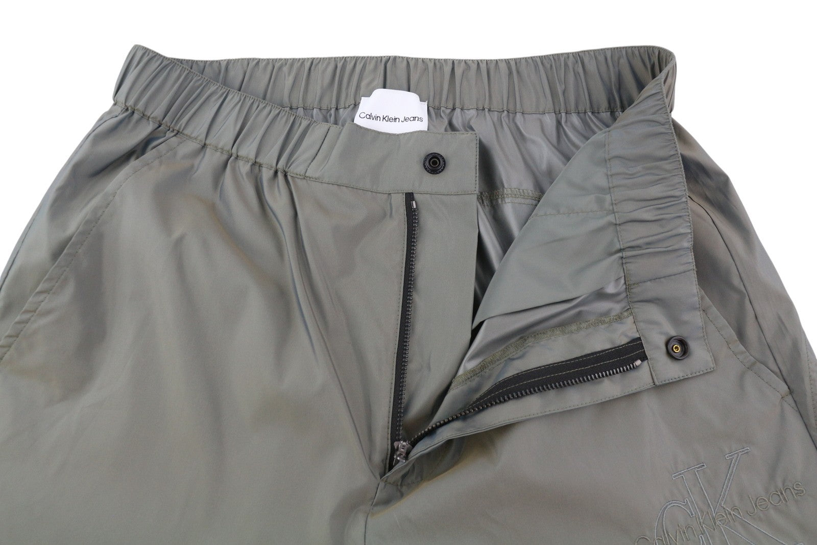 CALVIN KLEIN Men Trousers L Grey Elastic Waist Shiny Zip Cargo Track Pants