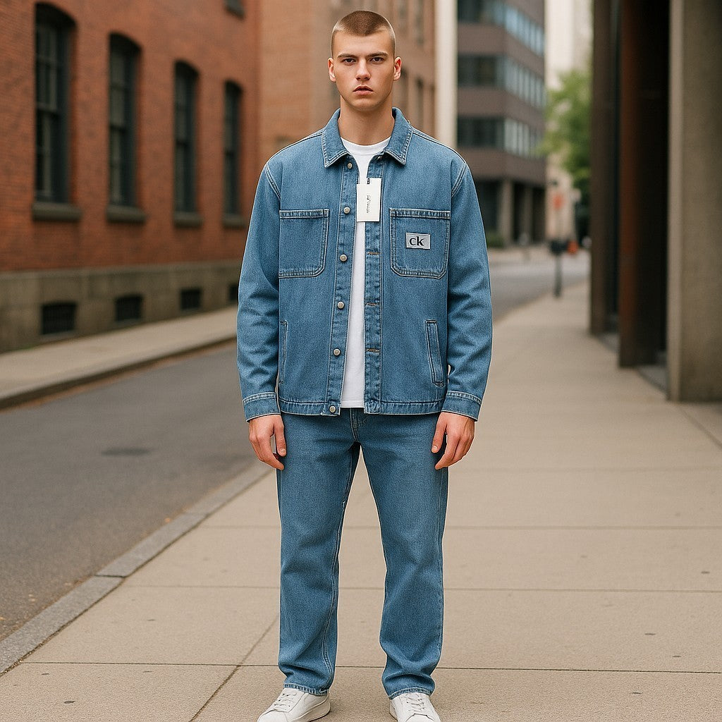 CALVIN KLEIN Men Jacket S Blue Denim Trucker Oversized Snap Button