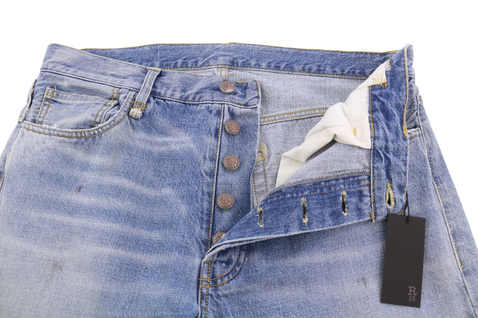 R13 Women Jeans ~W36 Blue Faded Whiskers Dirty Look Straight Fit Cropped