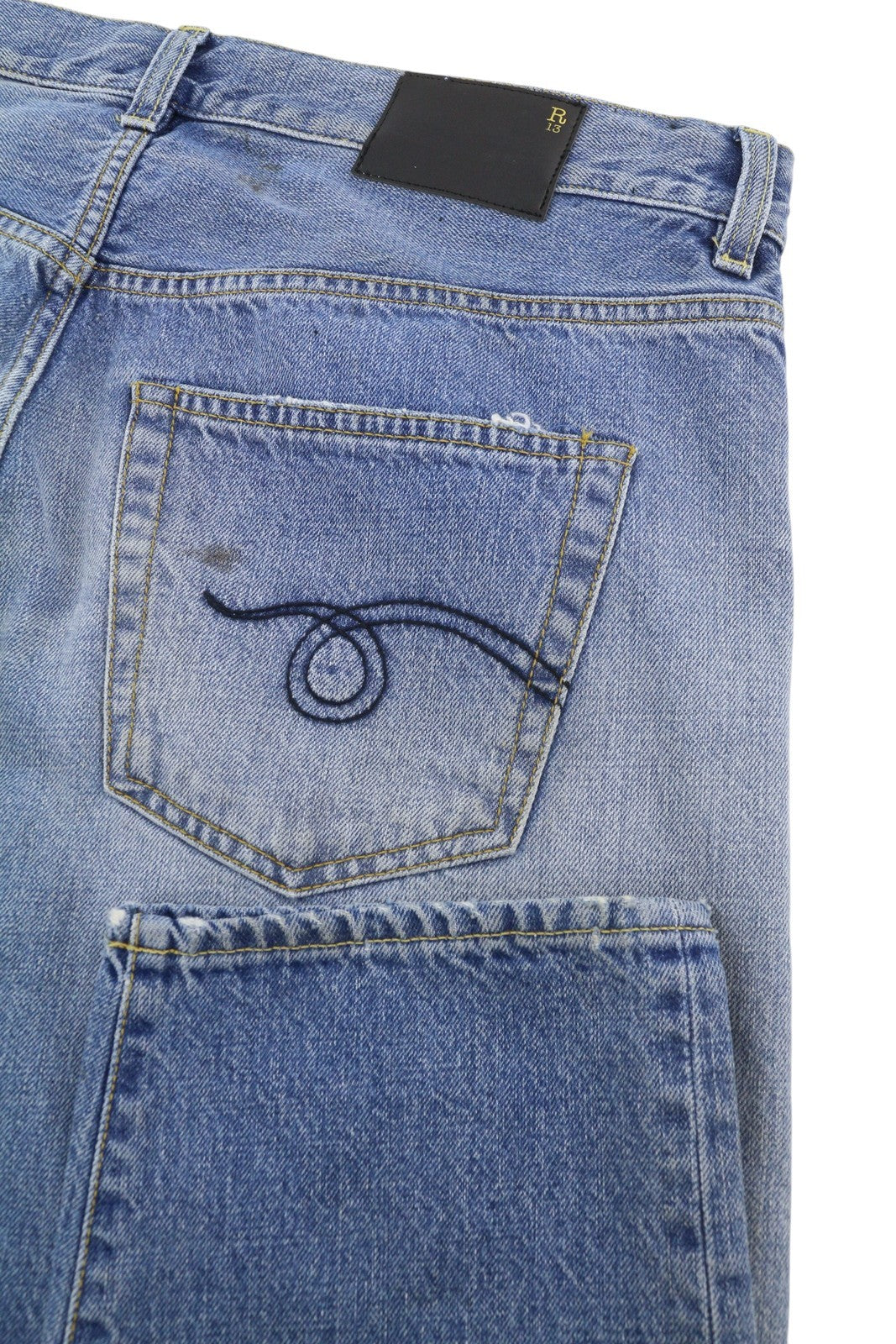 R13 Women Jeans ~W36 Blue Faded Whiskers Dirty Look Straight Fit Cropped