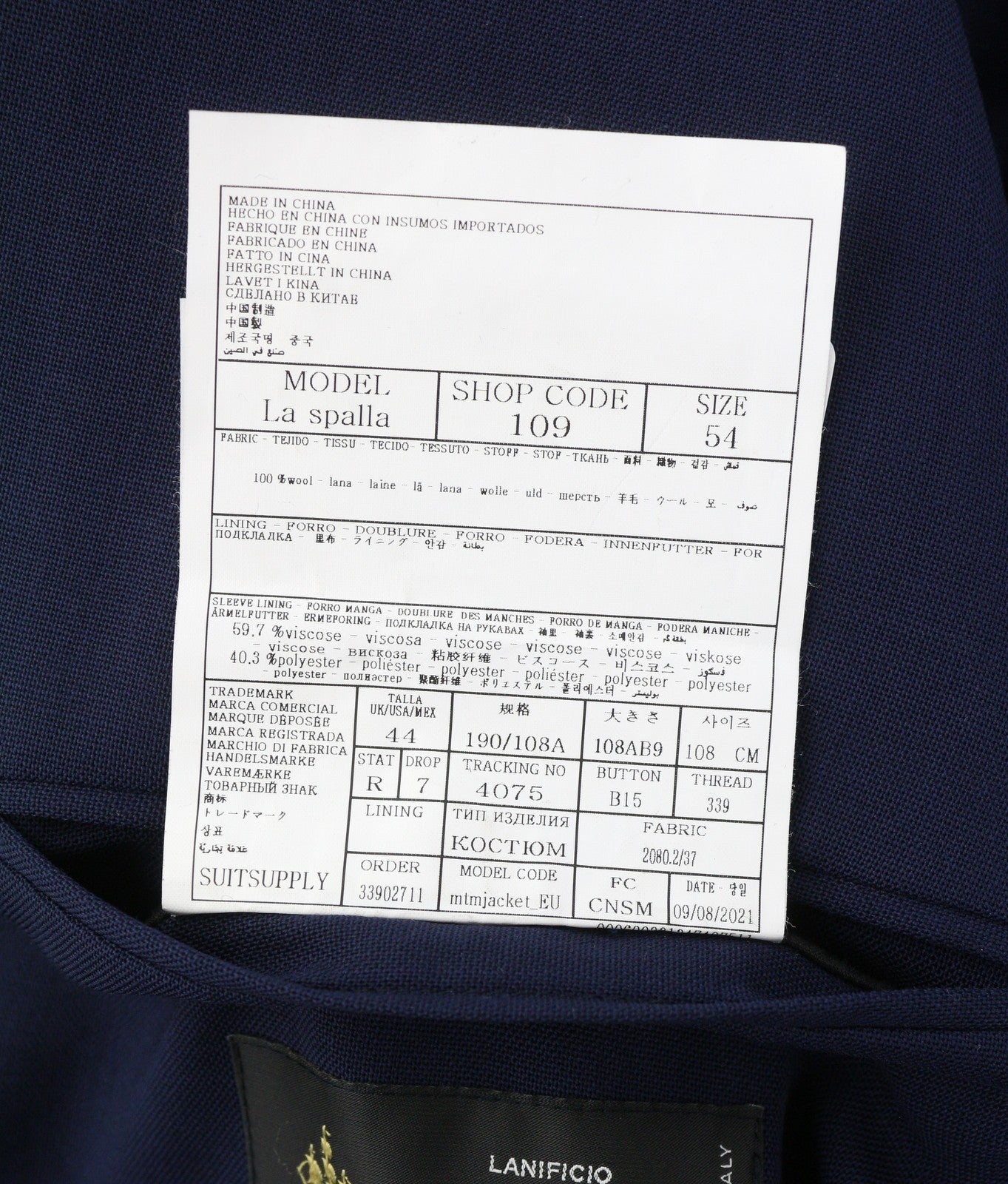 SUITSUPPLY La Spalla Soho Men Suit UK44R / W36 Blue Wool Notch Lapel 2 Piece