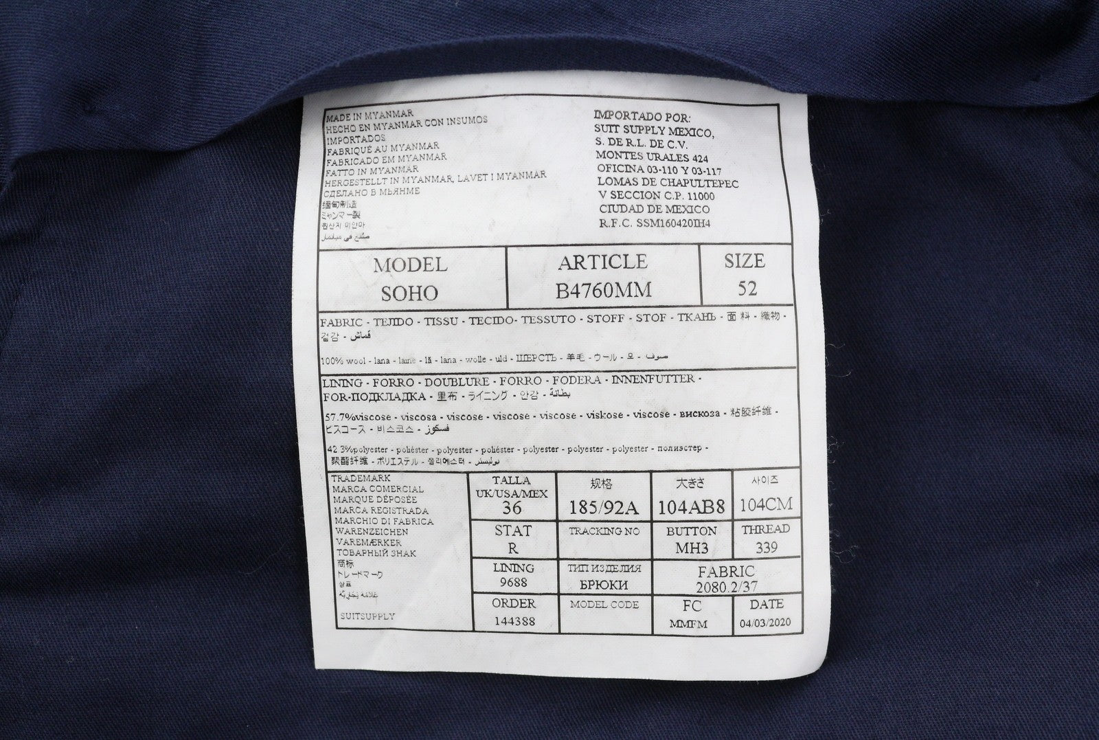 SUITSUPPLY La Spalla Soho Men Suit UK44R / W36 Blue Wool Notch Lapel 2 Piece