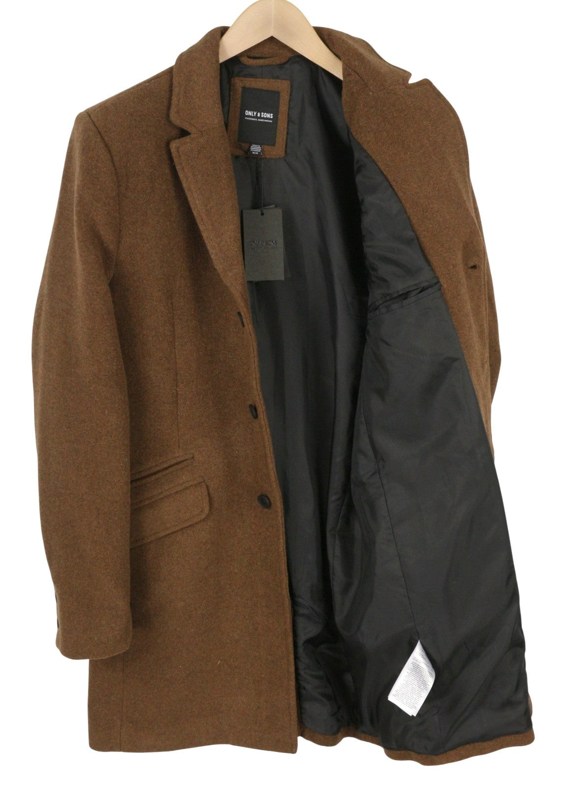 ONLY & SONS Justin Wool Men Coat L Brown Melange Notch Lapel Button-Up Lined