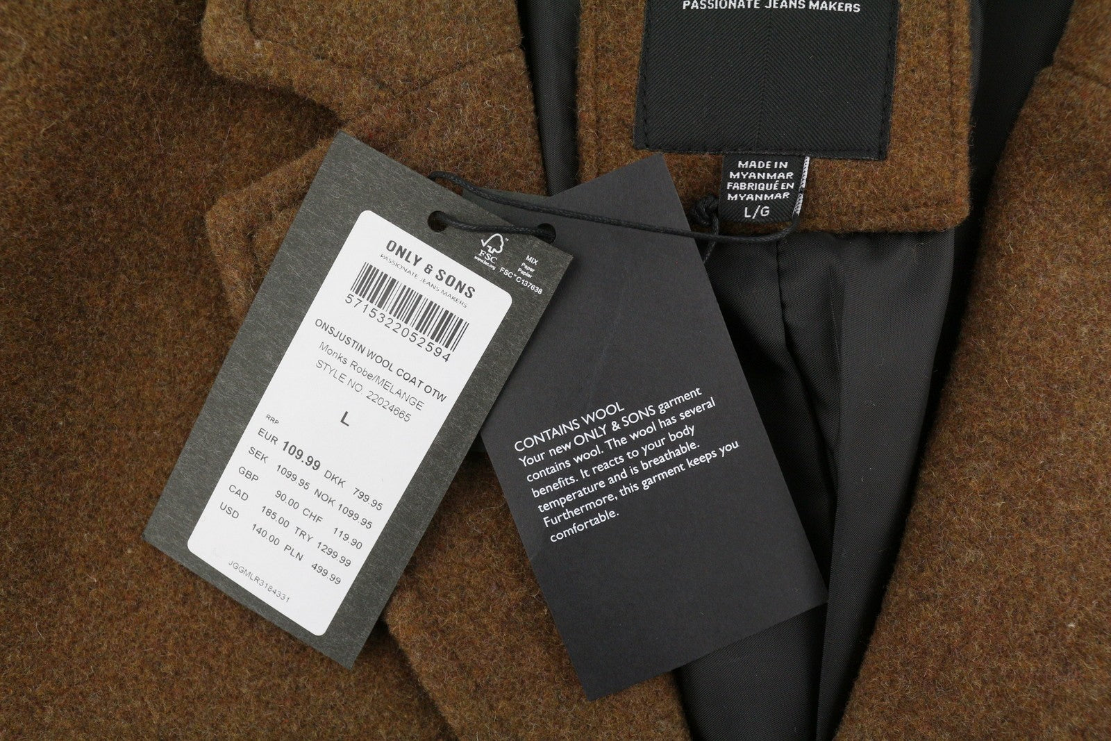 ONLY & SONS Justin Wool Men Coat L Brown Melange Notch Lapel Button-Up Lined