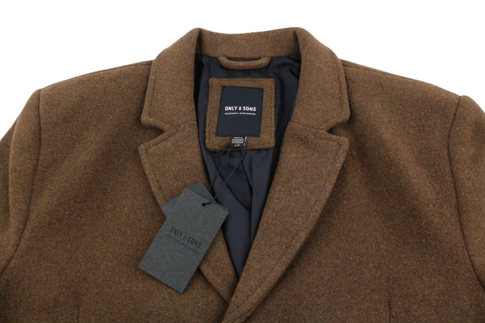 ONLY & SONS Justin Wool Men Coat L Brown Melange Notch Lapel Button-Up Lined