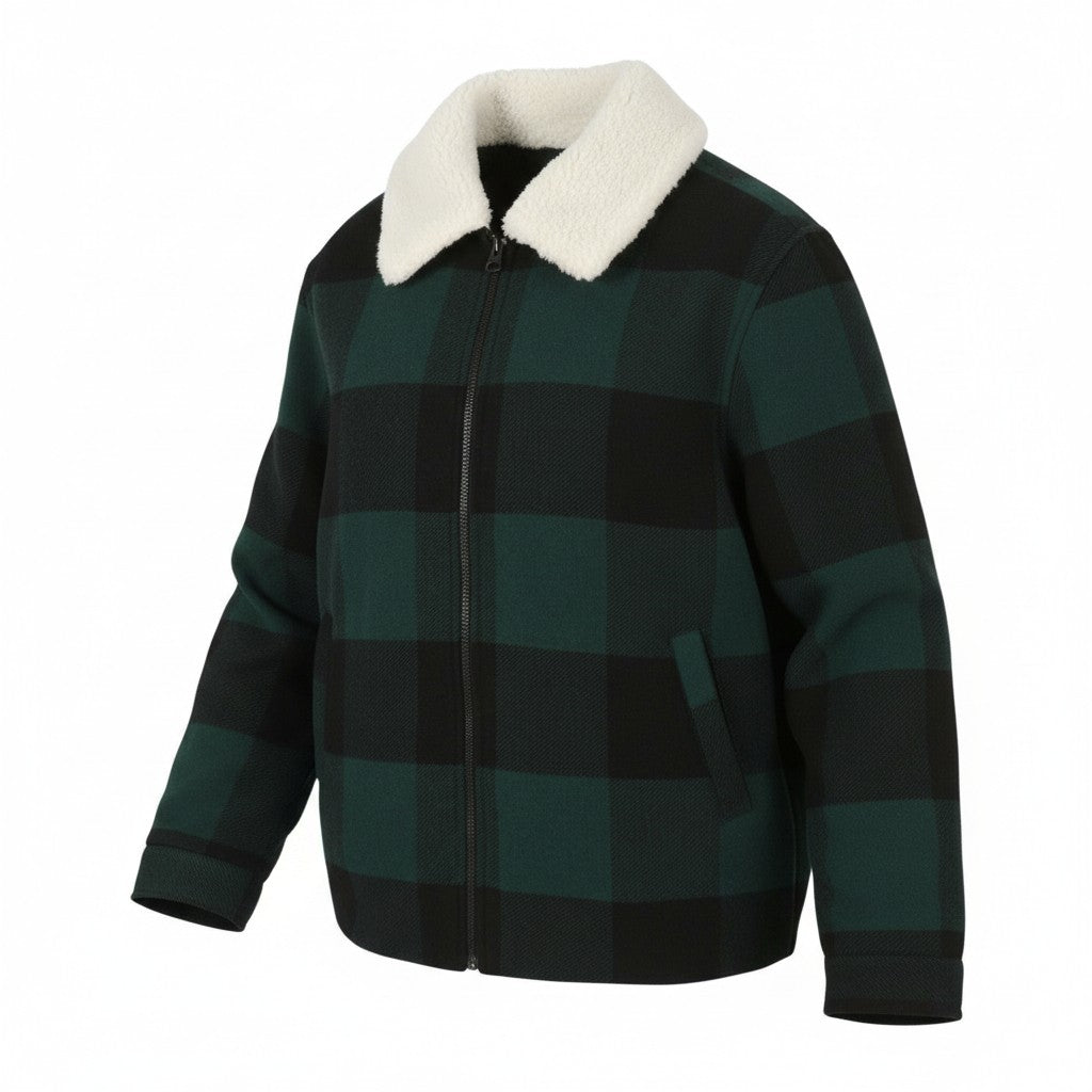 ONLY & SONS Ron Check Men Jacket XL Green Wool Blend Removable Sherpa Neck