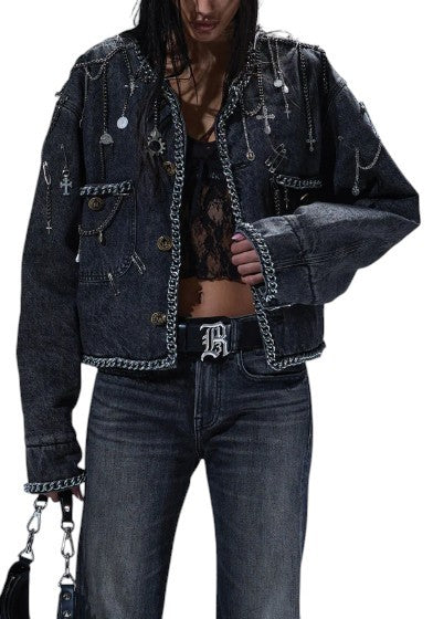 R13 Chain Embellished Cropped Chore Women Jacket M Dusky Grey FW25 RRP2400