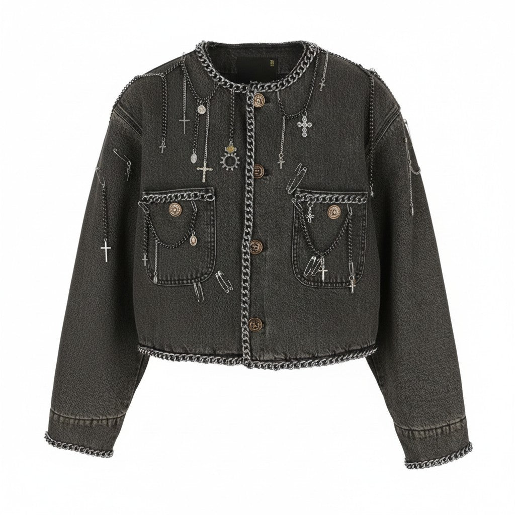 R13 Chain Embellished Cropped Chore Women Jacket M Dusky Grey FW25 RRP2400