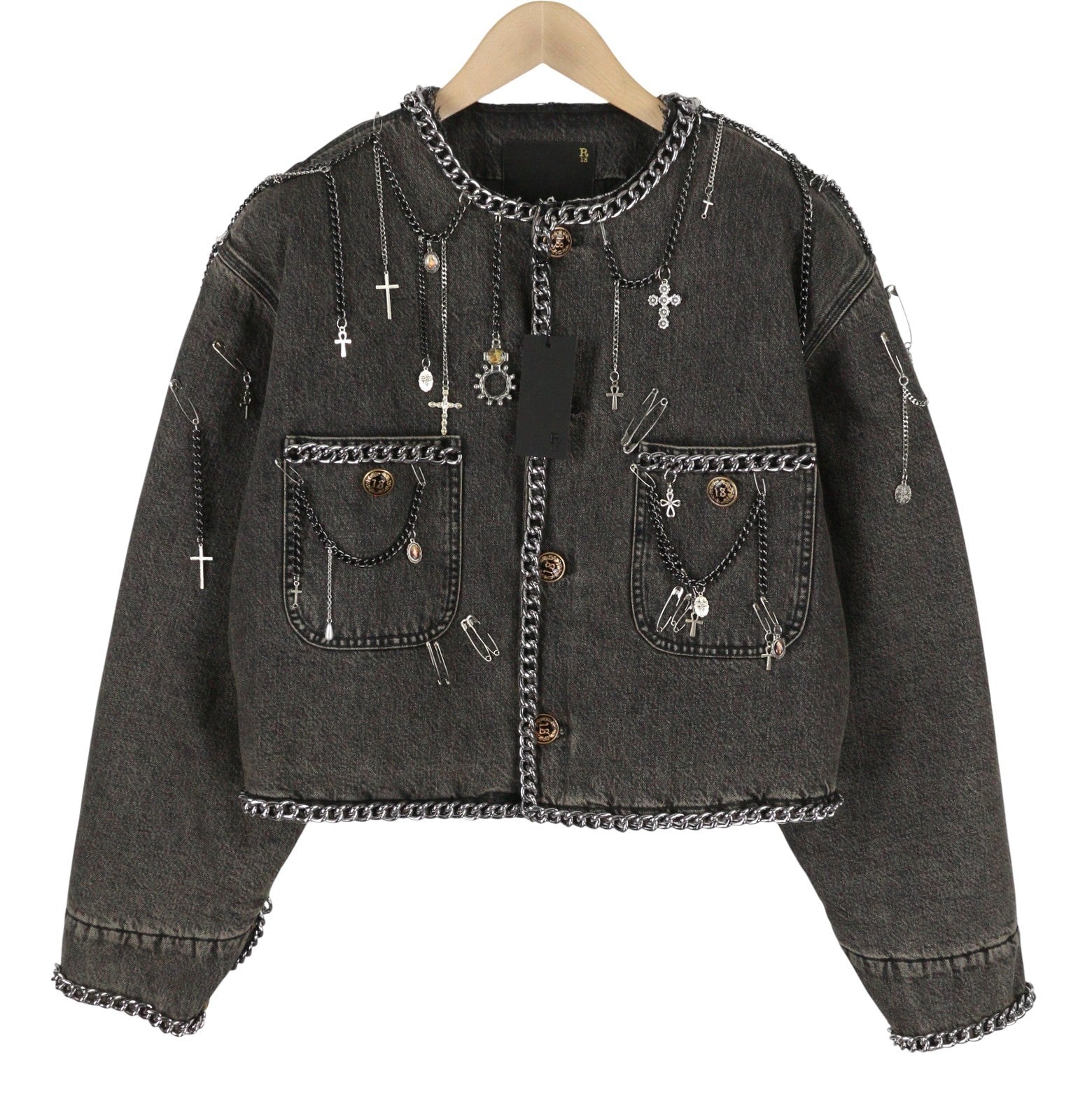 R13 Chain Embellished Cropped Chore Women Jacket M Dusky Grey FW25 RRP2400