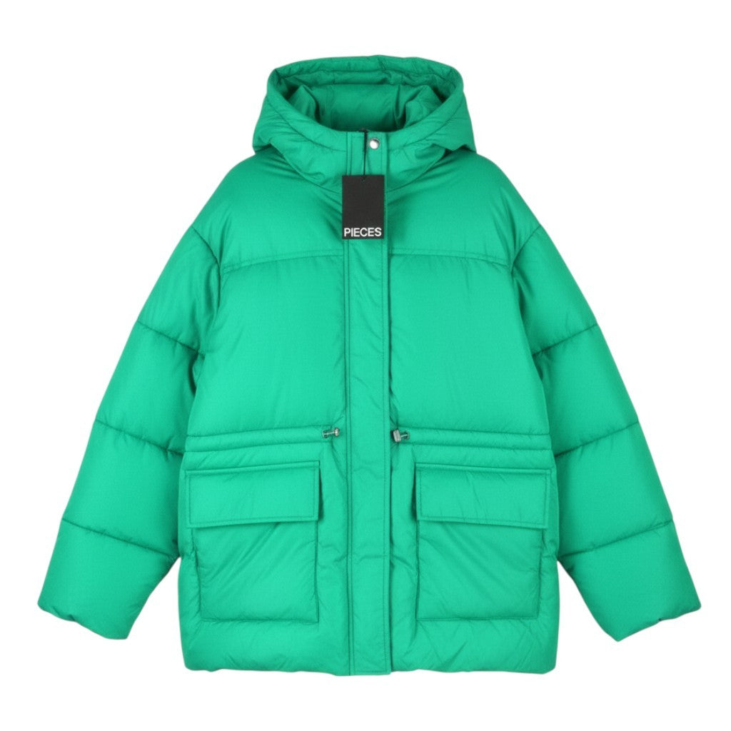 PIECES Louie Short Puffer Women Jacket L Green Drawstring Waist Padded Hooded