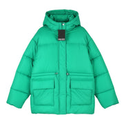PIECES Louie Short Puffer Women Jacket L Green Drawstring Waist Padded Hooded