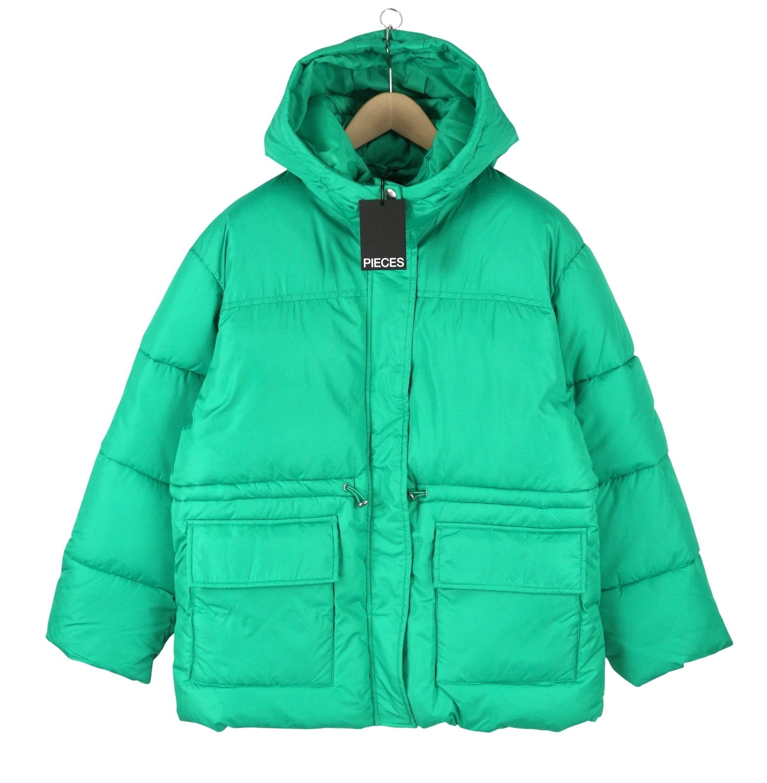 PIECES Louie Short Puffer Women Jacket L Green Drawstring Waist Padded Hooded