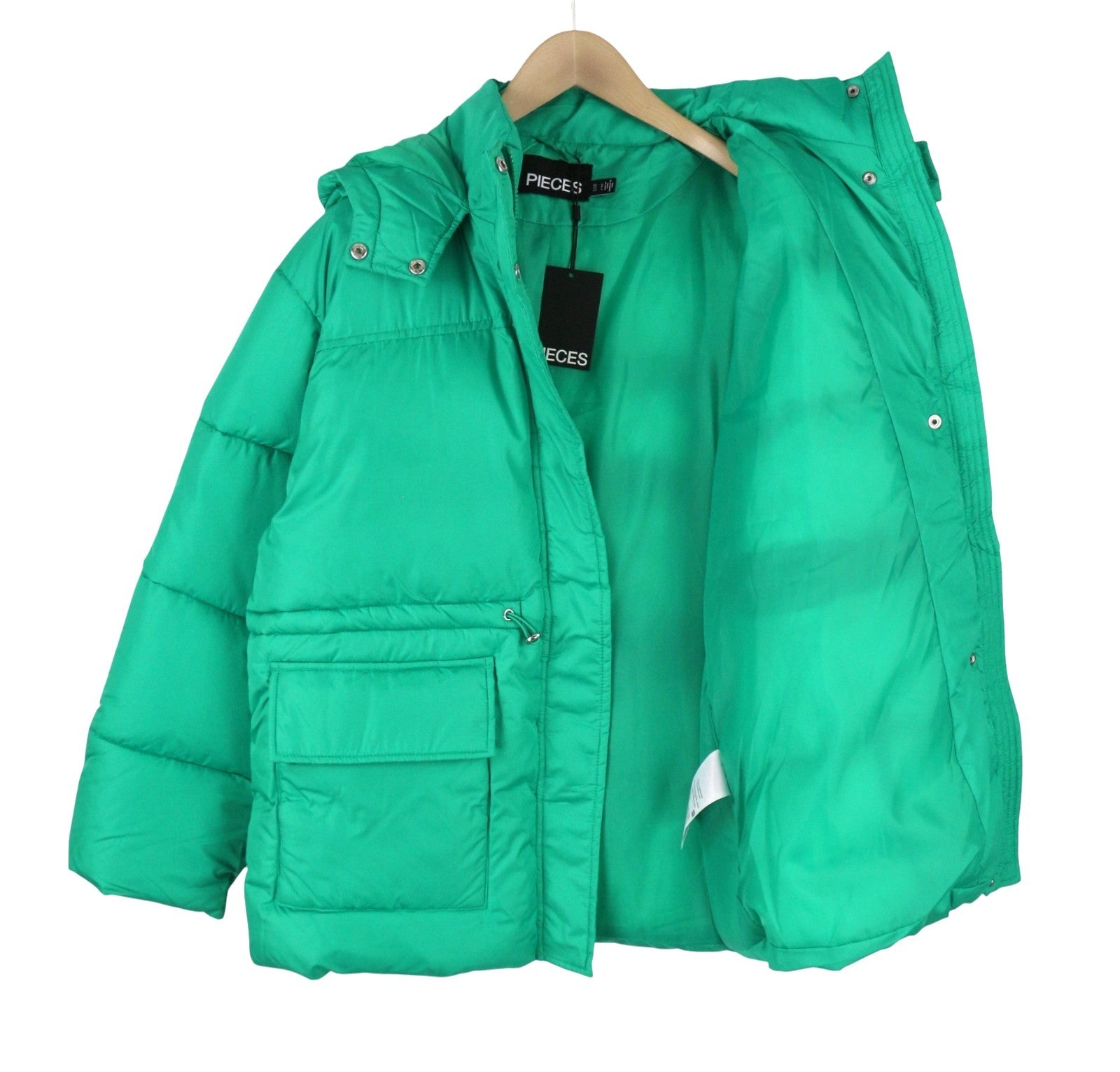 PIECES Louie Short Puffer Women Jacket L Green Drawstring Waist Padded Hooded