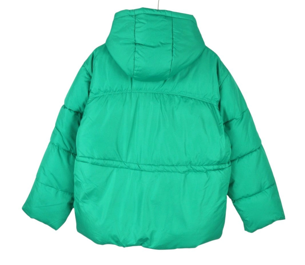 PIECES Louie Short Puffer Women Jacket L Green Drawstring Waist Padded Hooded