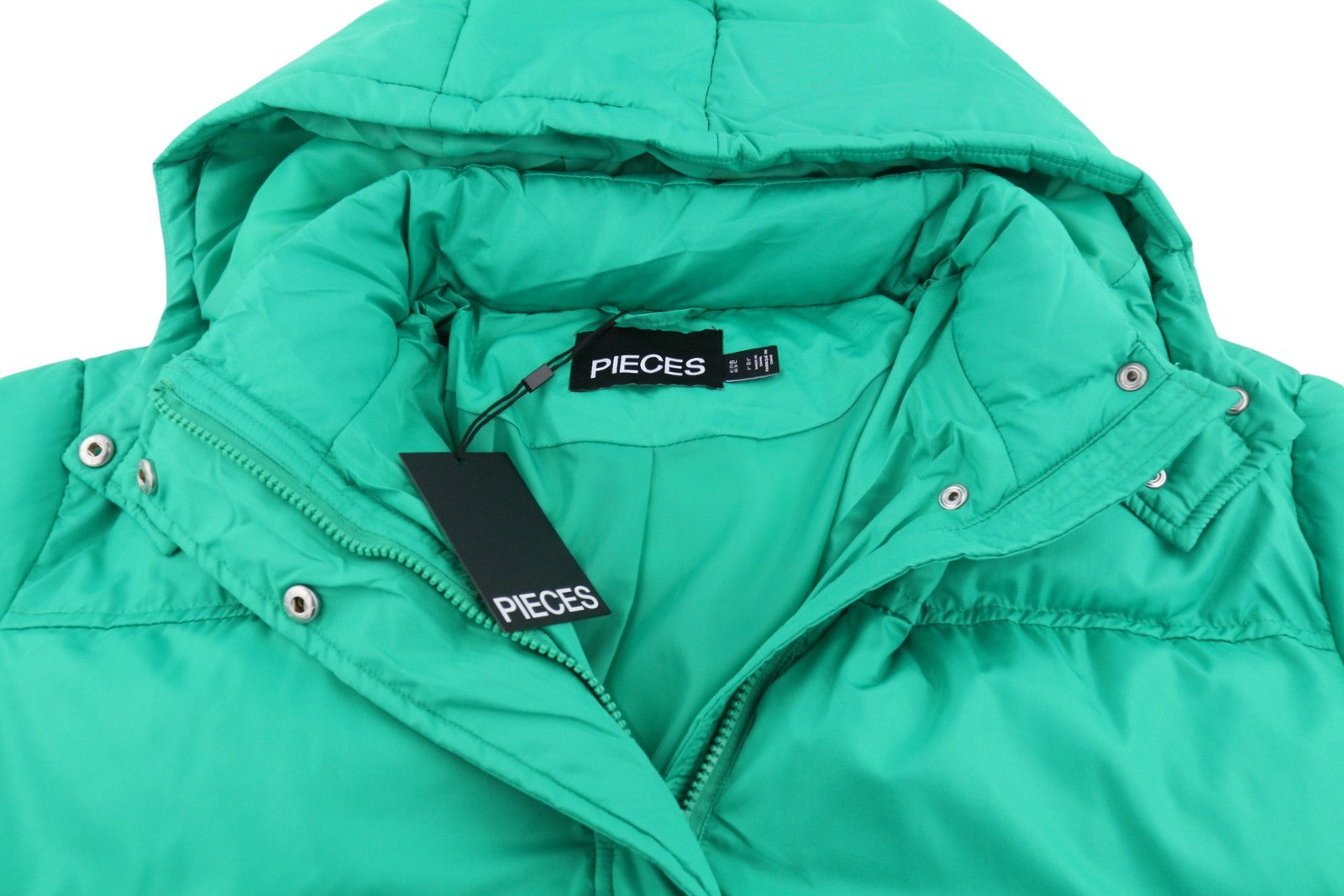 PIECES Louie Short Puffer Women Jacket L Green Drawstring Waist Padded Hooded