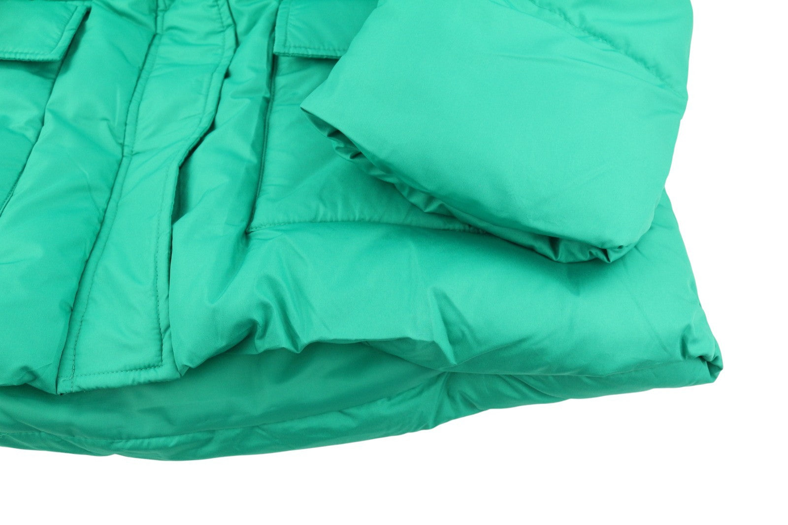 PIECES Louie Short Puffer Women Jacket L Green Drawstring Waist Padded Hooded