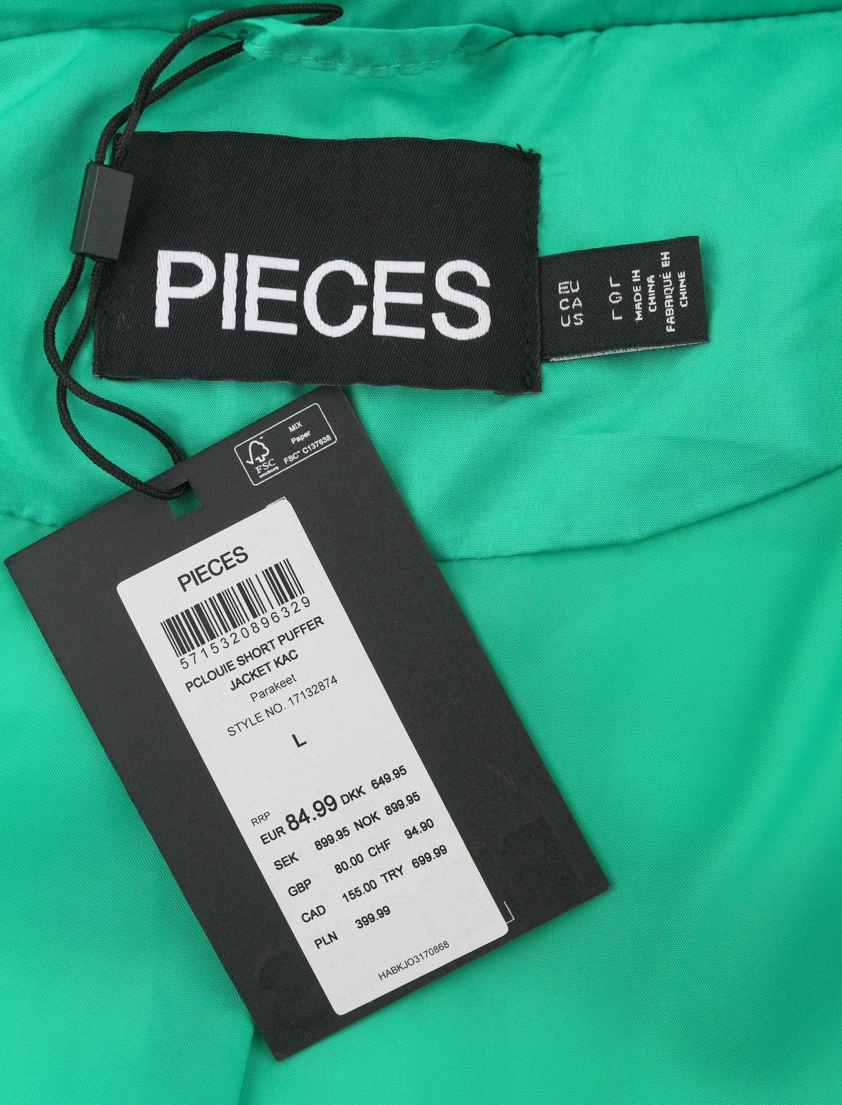 PIECES Louie Short Puffer Women Jacket L Green Drawstring Waist Padded Hooded