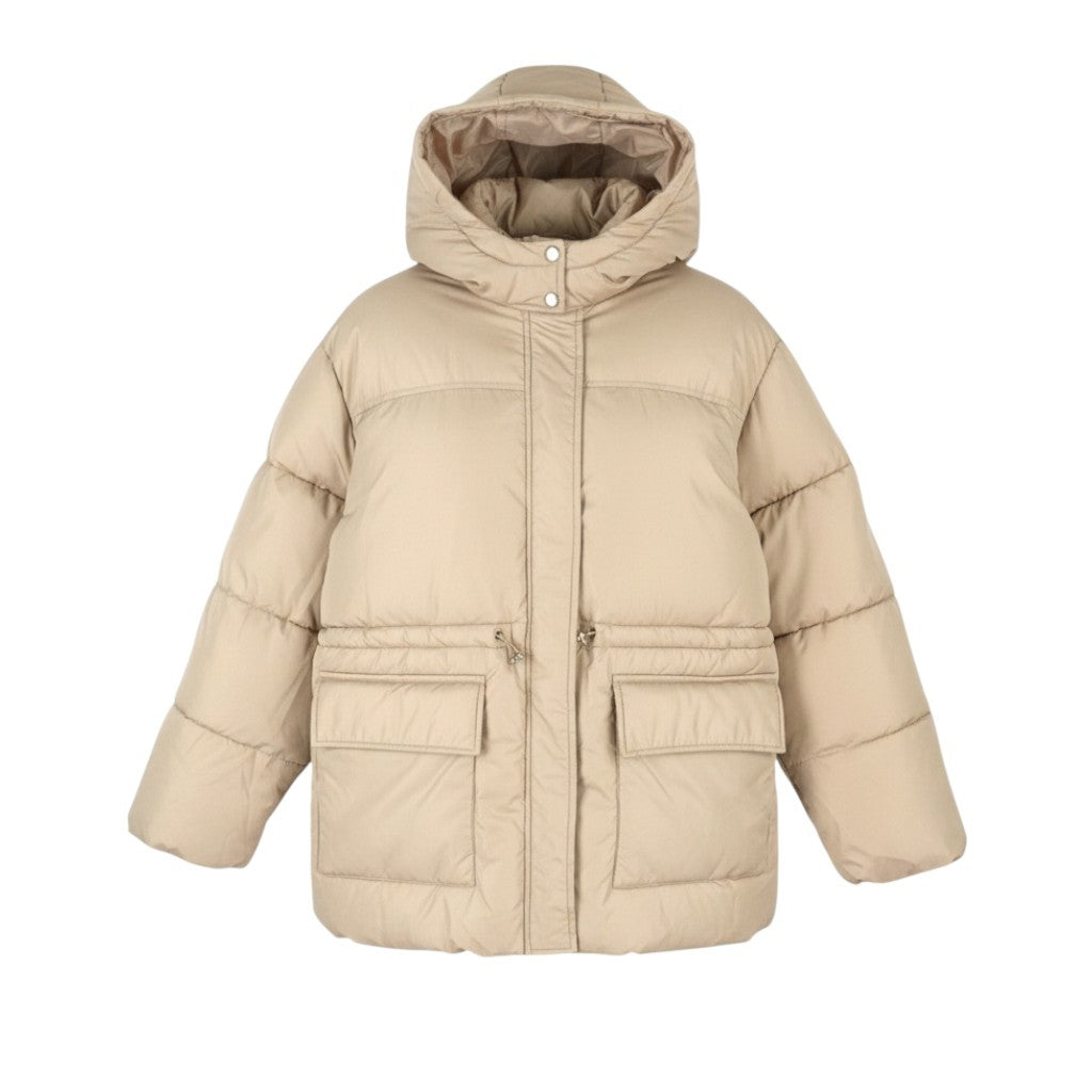 PIECES Louie Short Puffer Women Jacket L Beige Drawstring Waist Padded Hooded