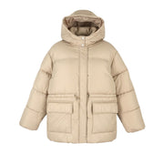 PIECES Louie Short Puffer Women Jacket L Beige Drawstring Waist Padded Hooded