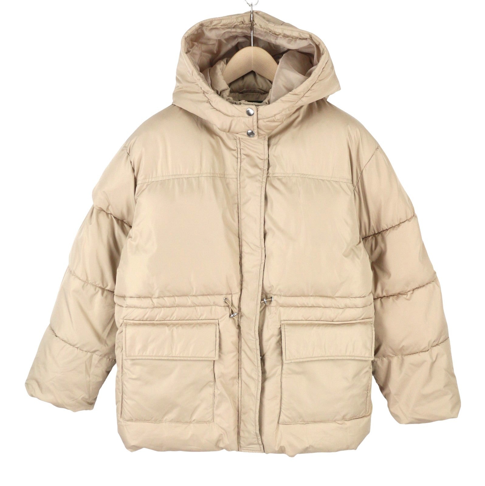 PIECES Louie Short Puffer Women Jacket L Beige Drawstring Waist Padded Hooded