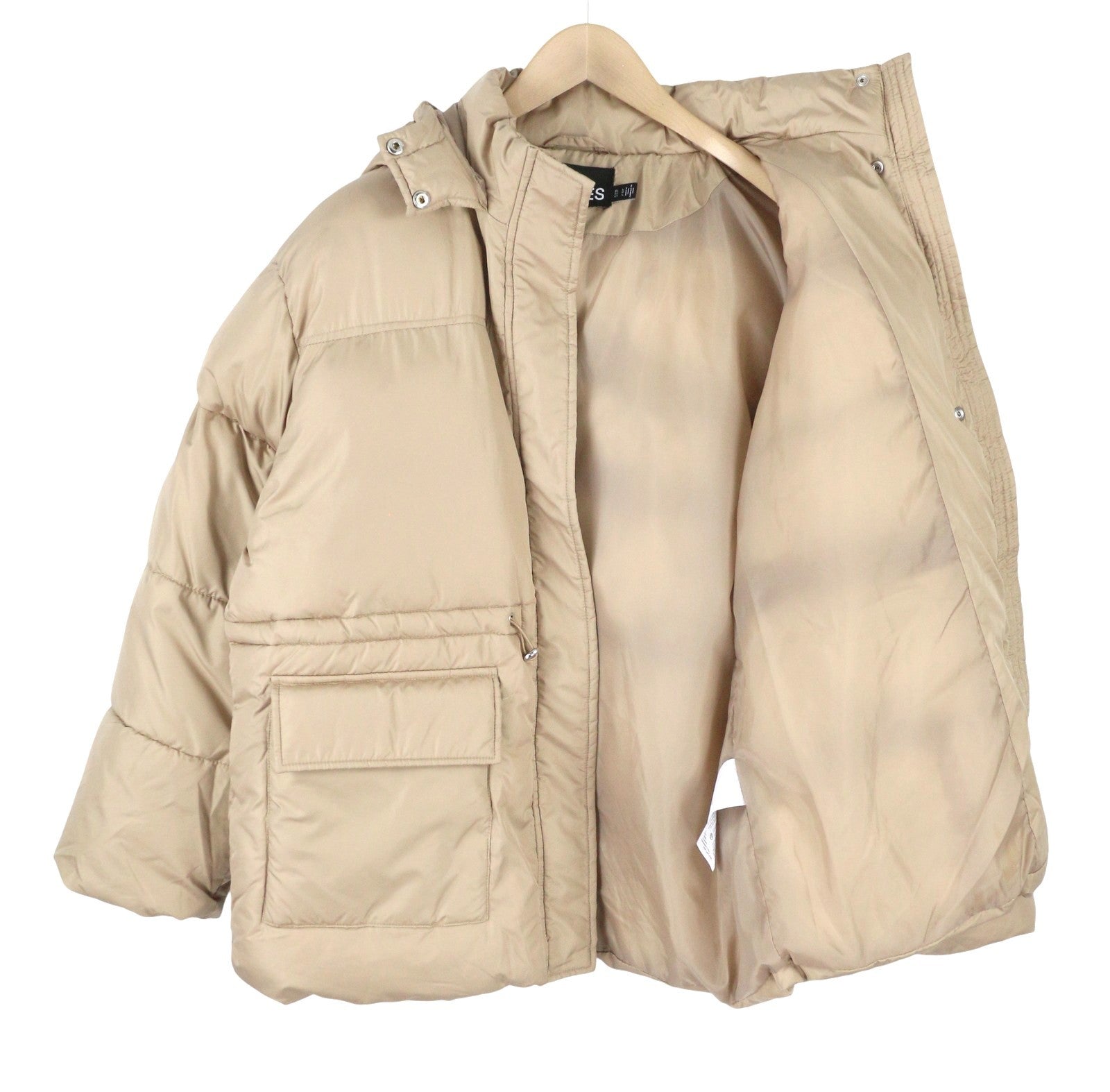 PIECES Louie Short Puffer Women Jacket L Beige Drawstring Waist Padded Hooded