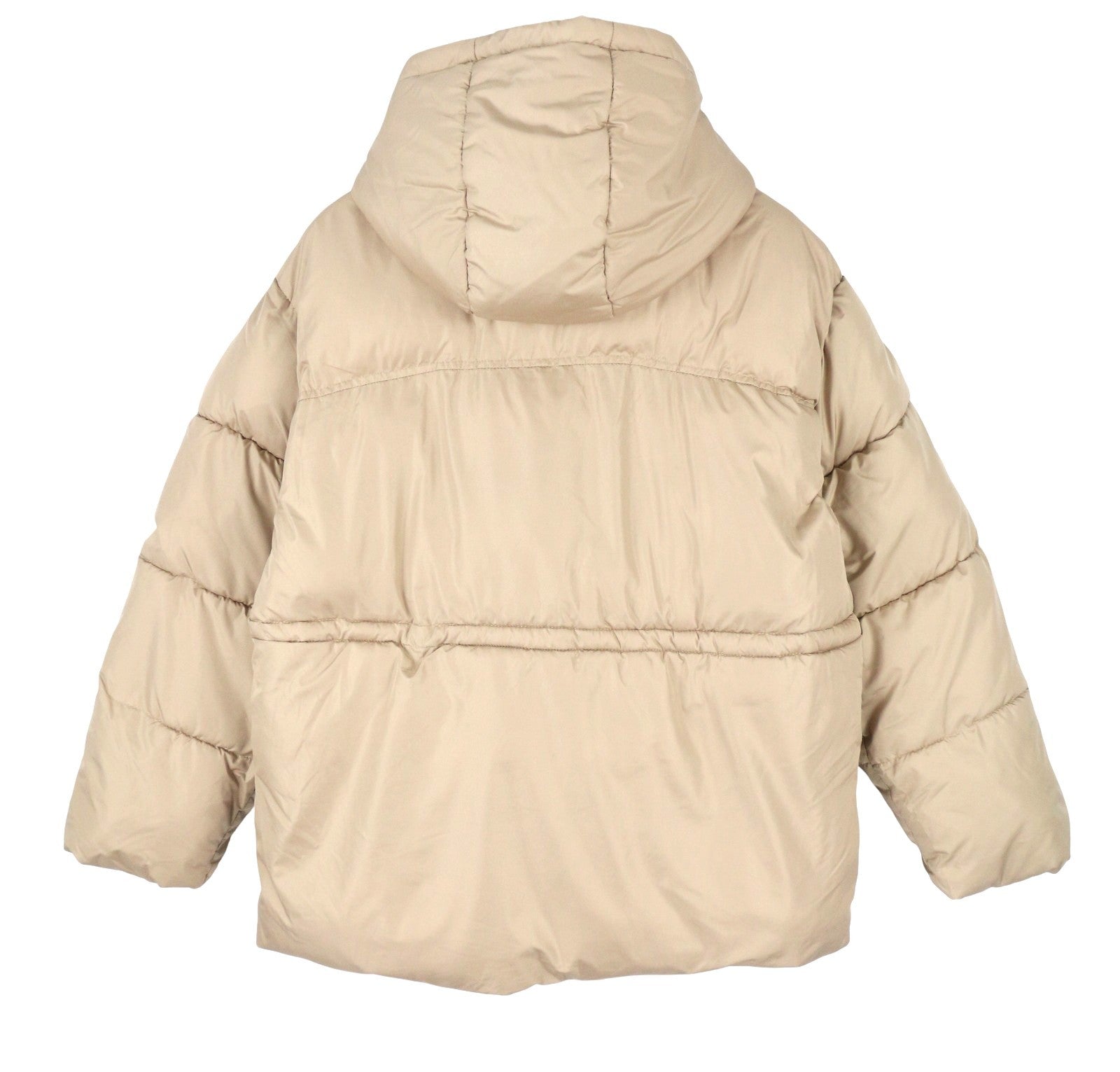 PIECES Louie Short Puffer Women Jacket L Beige Drawstring Waist Padded Hooded