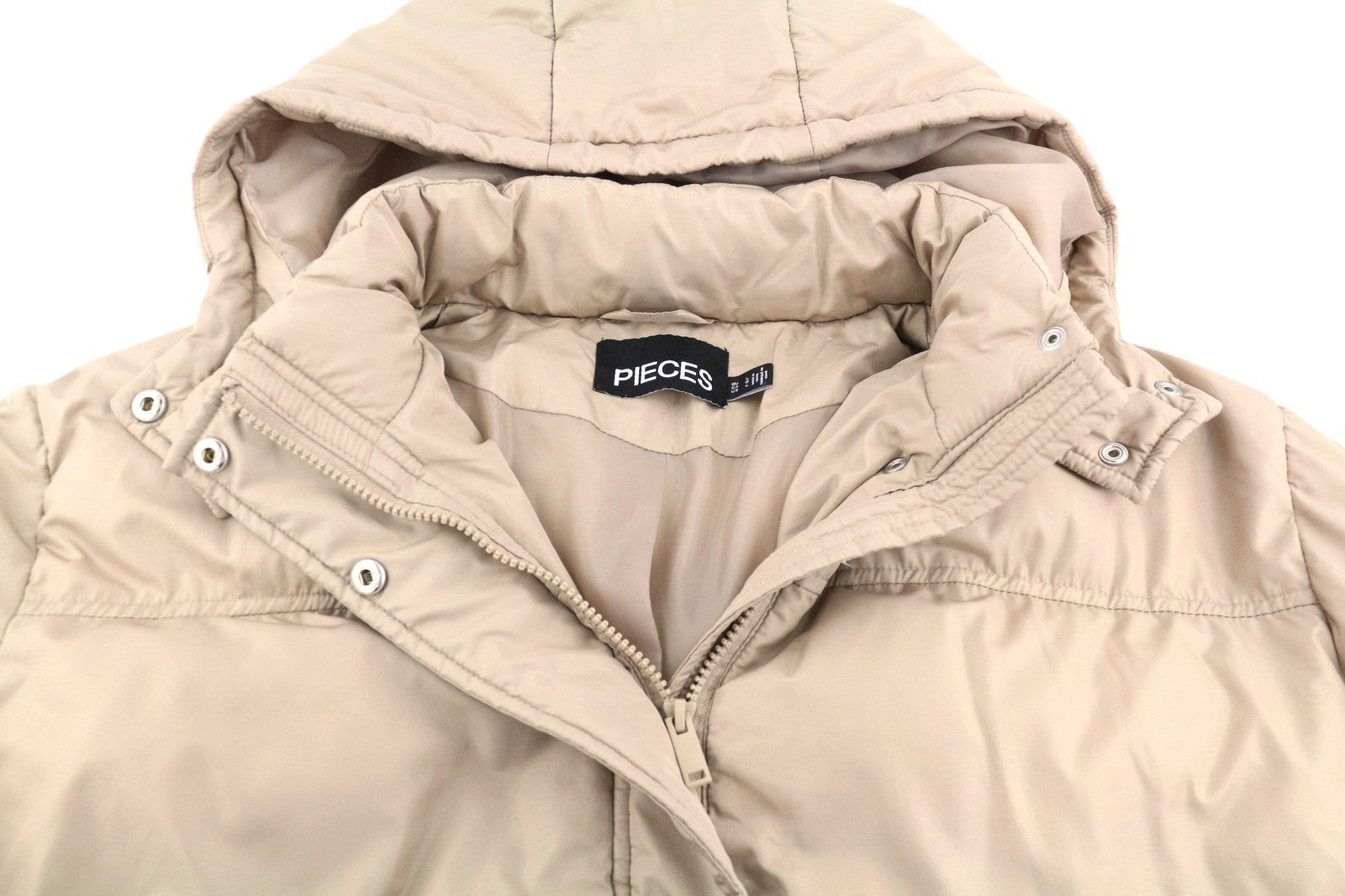 PIECES Louie Short Puffer Women Jacket L Beige Drawstring Waist Padded Hooded