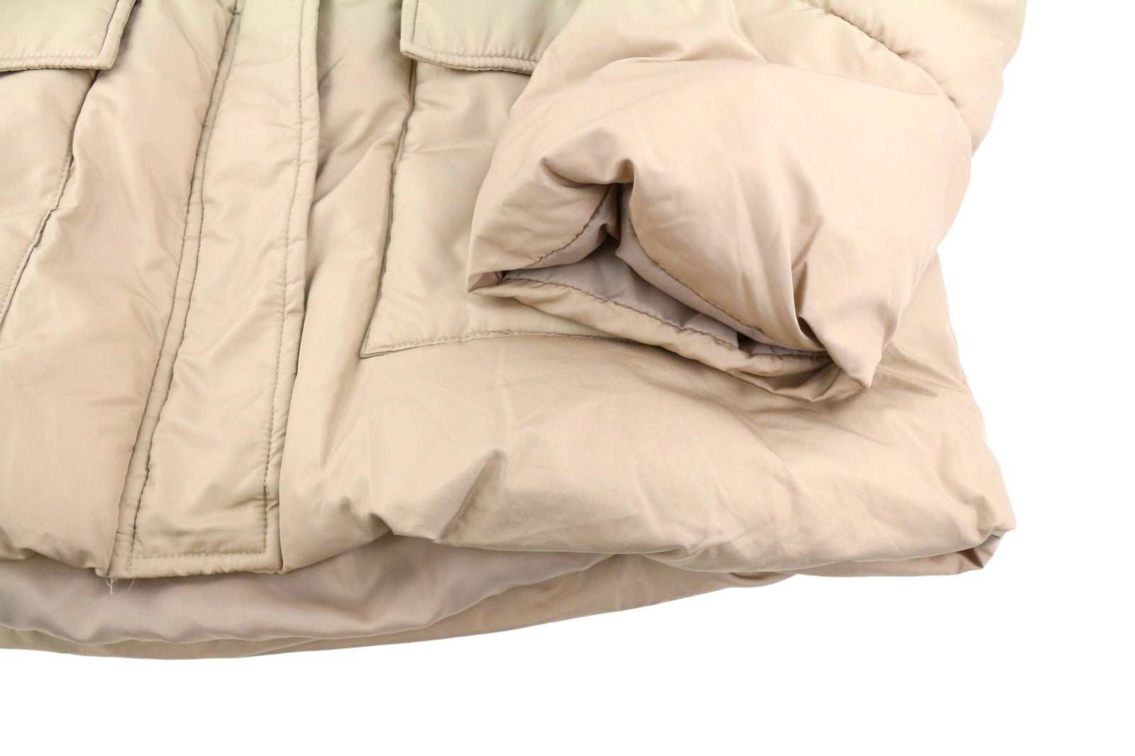 PIECES Louie Short Puffer Women Jacket L Beige Drawstring Waist Padded Hooded