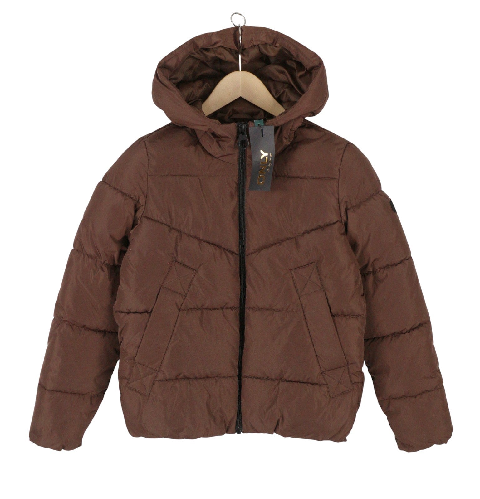 ONLY Lada Short Women Jacket XS Brown Padded Quilted Hooded Full Zip Puffer