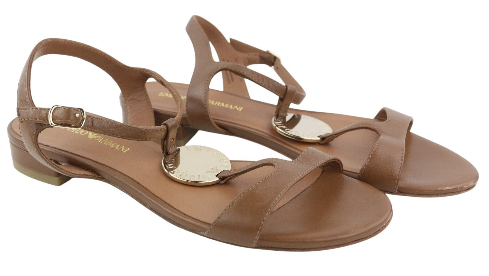 EMPORIO ARMANI X3P640 Women Sandals EU37 Brown Leather Flat Gold Logo RRP209
