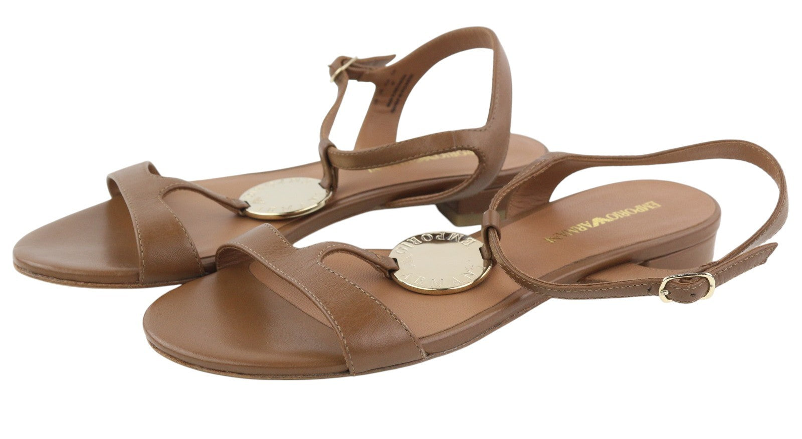 EMPORIO ARMANI X3P640 Women Sandals EU37 Brown Leather Flat Gold Logo RRP209