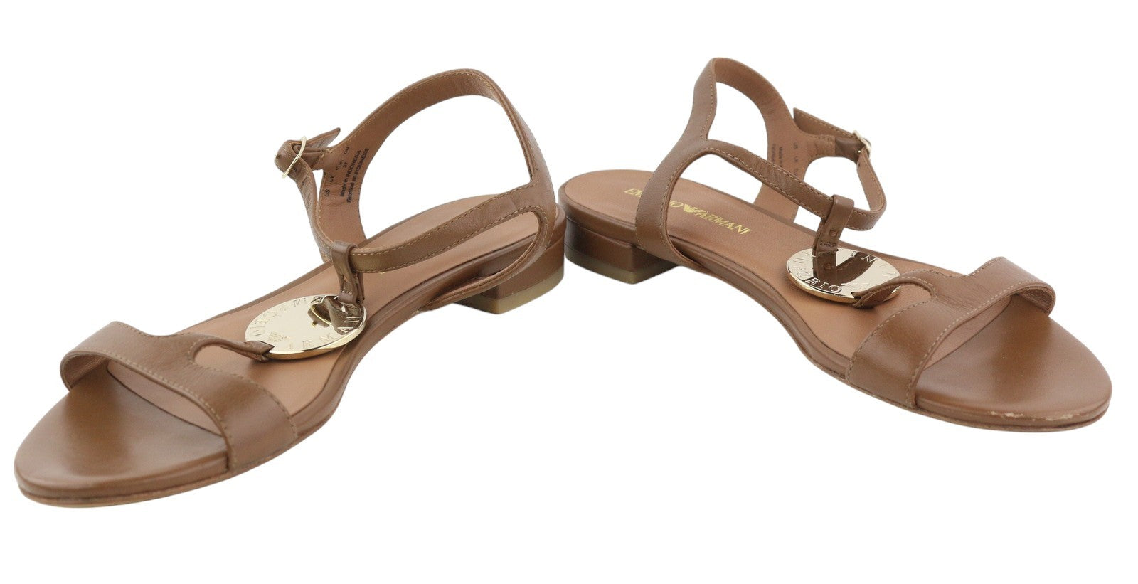 EMPORIO ARMANI X3P640 Women Sandals EU37 Brown Leather Flat Gold Logo RRP209