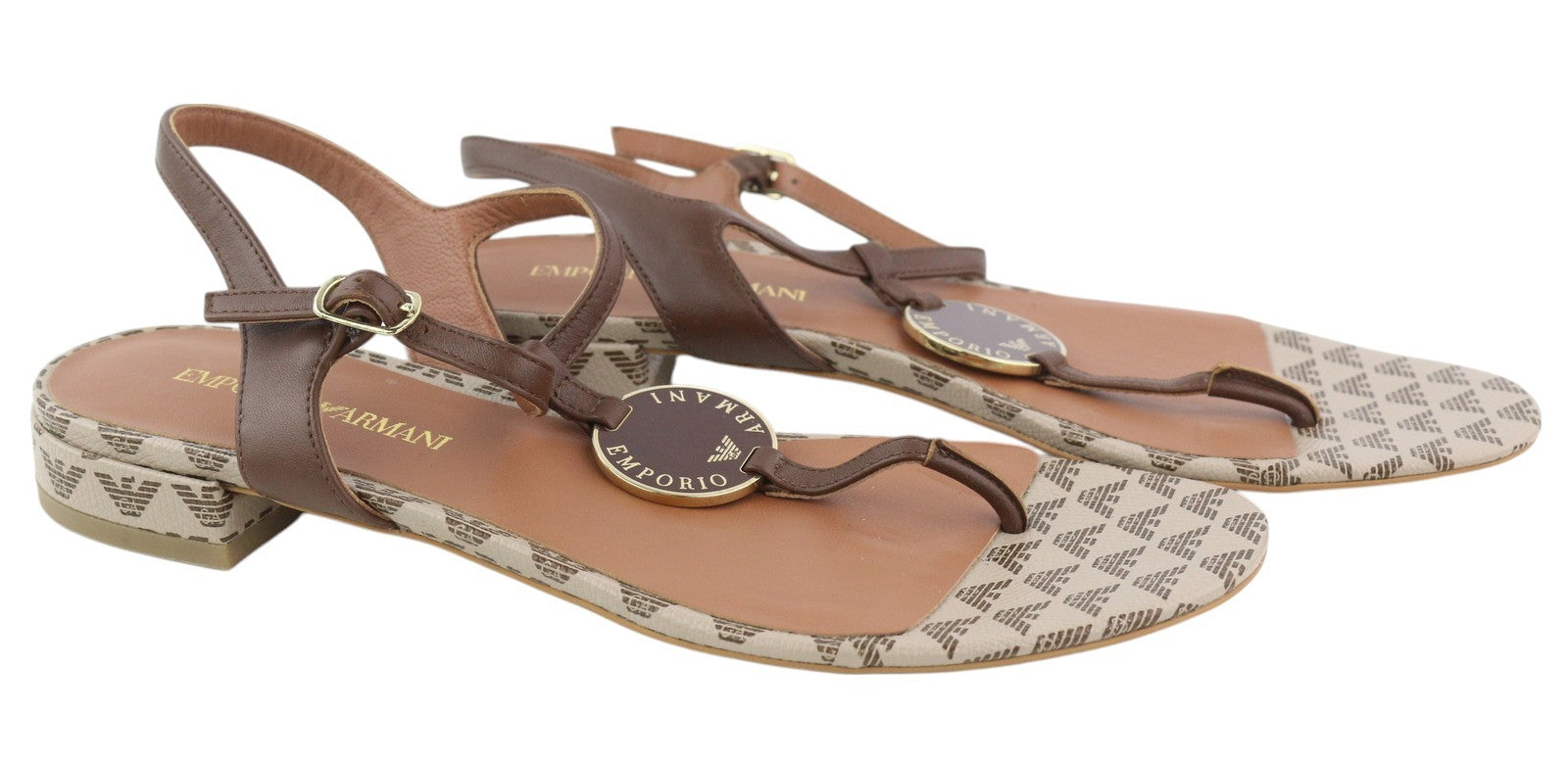 EMPORIO ARMANI X3Q065 Women Sandals EU37 Brown Leather Flat Logo Print RRP212