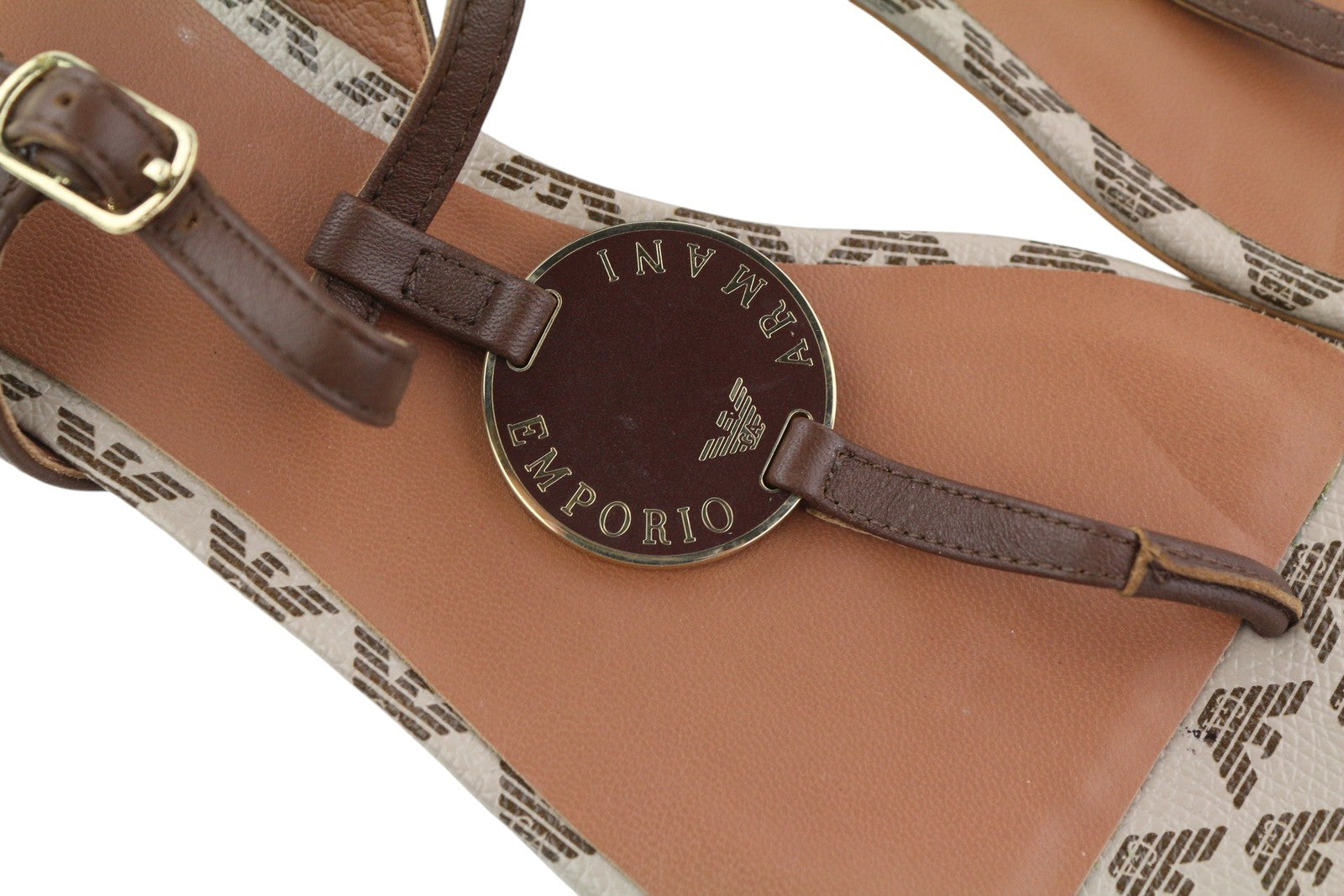 EMPORIO ARMANI X3Q065 Women Sandals EU37 Brown Leather Flat Logo Print RRP212