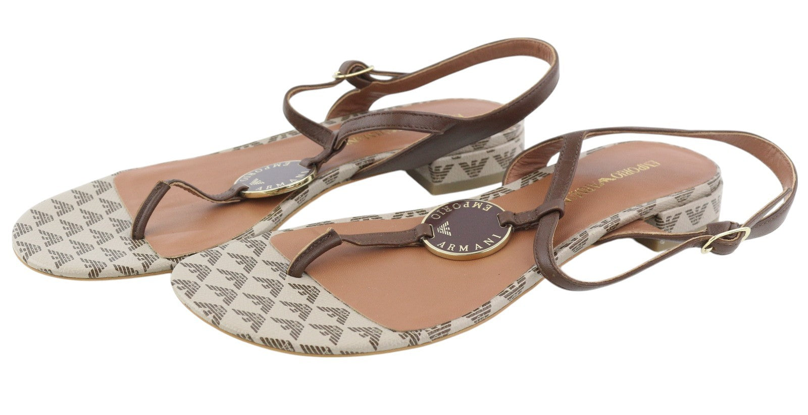 EMPORIO ARMANI X3Q065 Women Sandals EU37 Brown Leather Flat Logo Print RRP212