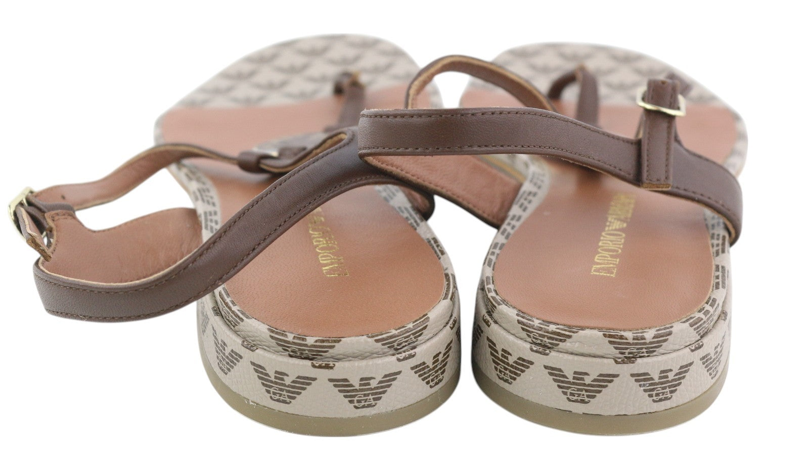 EMPORIO ARMANI X3Q065 Women Sandals EU37 Brown Leather Flat Logo Print RRP212