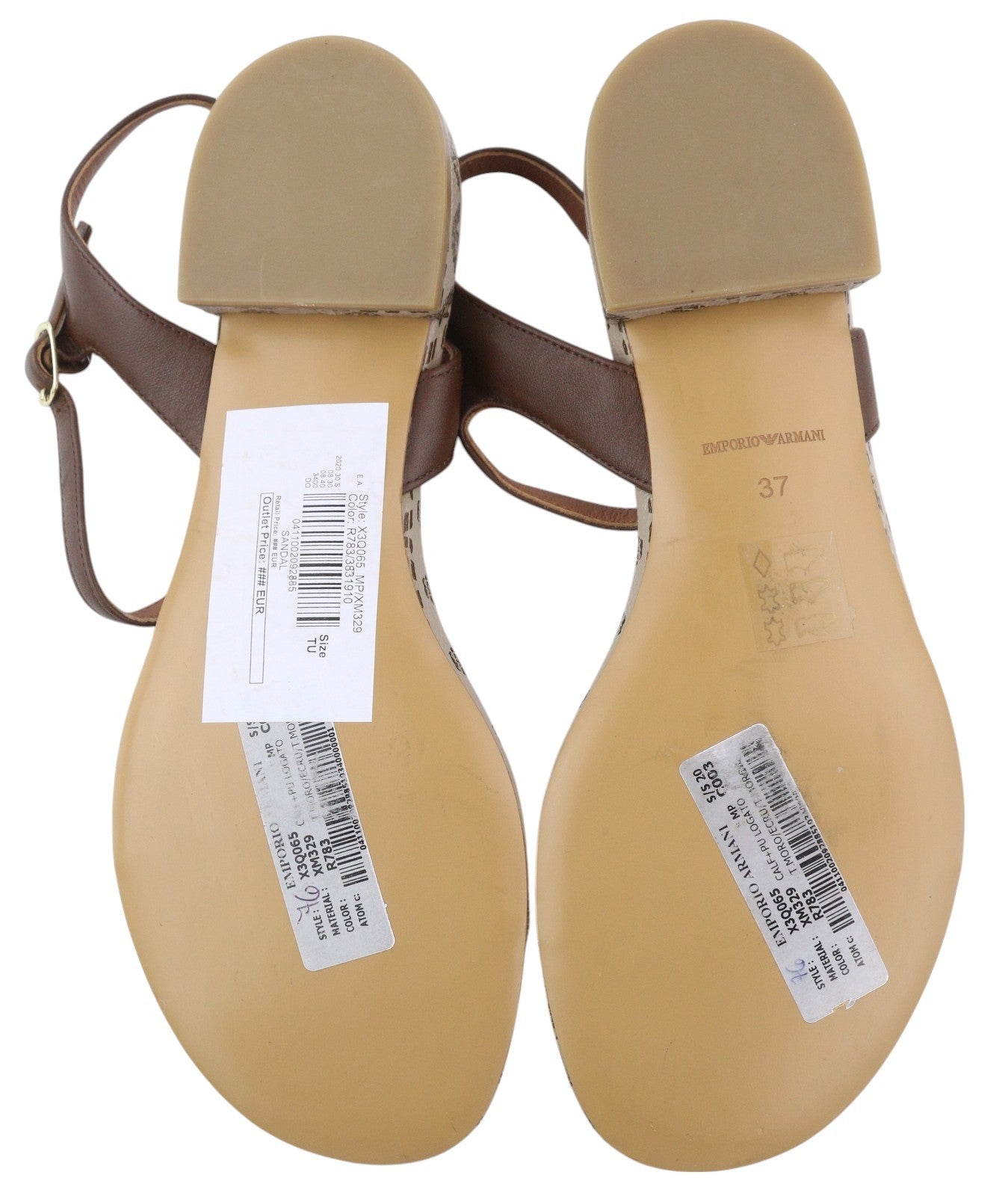 EMPORIO ARMANI X3Q065 Women Sandals EU37 Brown Leather Flat Logo Print RRP212