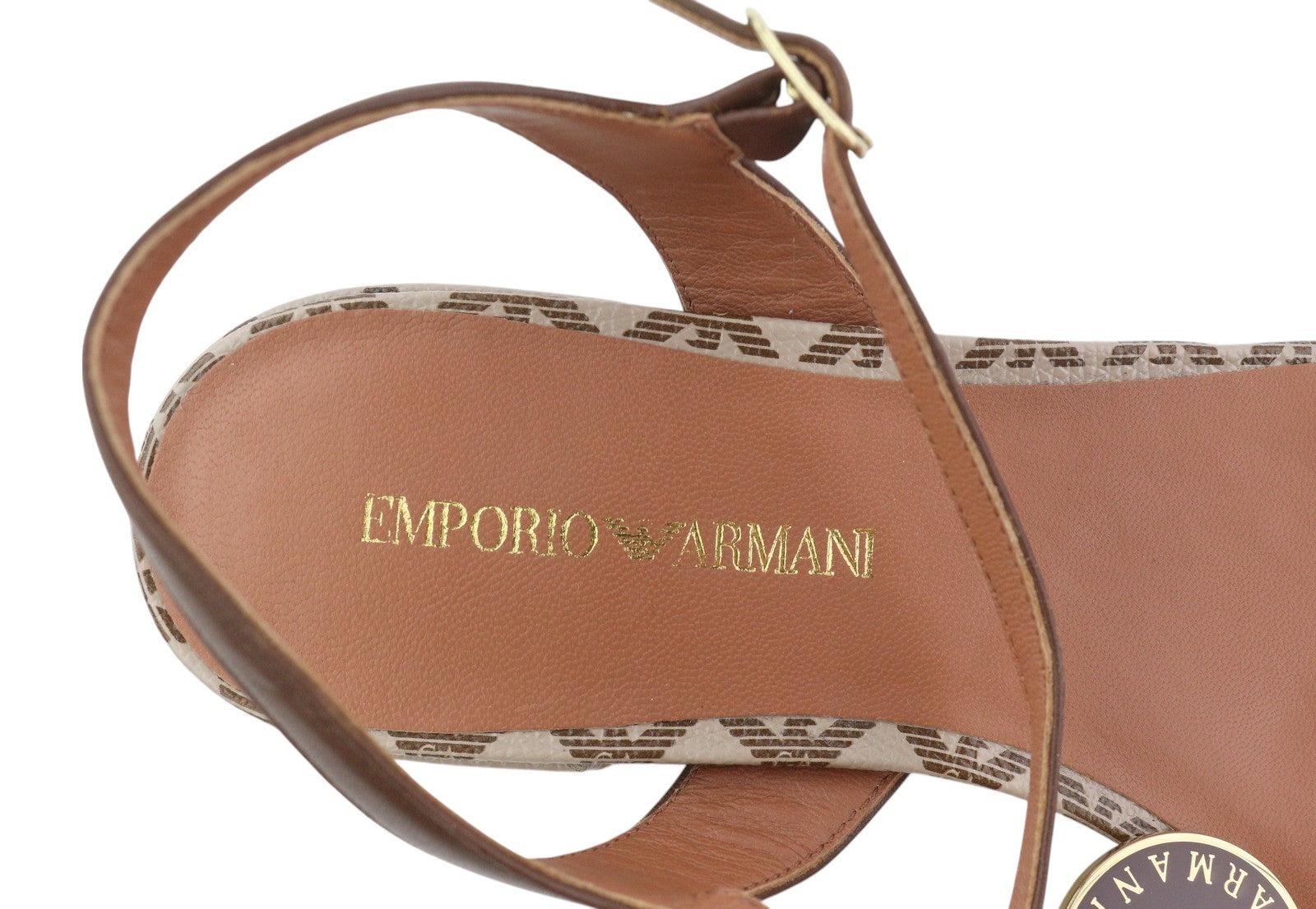 EMPORIO ARMANI X3Q065 Women Sandals EU37 Brown Leather Flat Logo Print RRP212