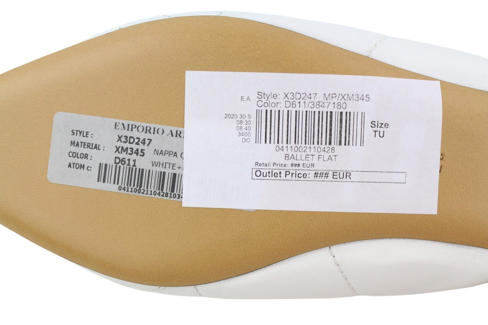 EMPORIO ARMANI X3D247 Women Flats EU37 White Leather Pointed Slip On Logo